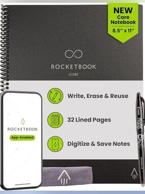 Rocketbook Core Reusable Smart Notebook Black Dot Grid w/ Frixion Pen New